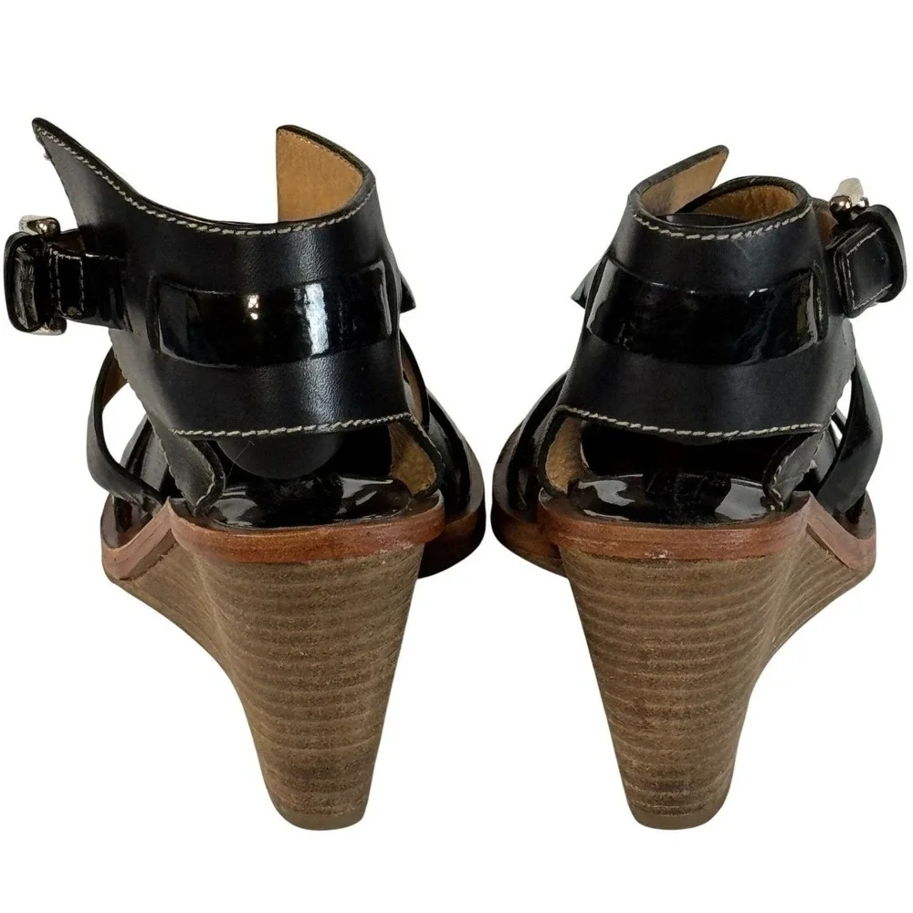 Coach Black Leather Patent Wedge Sandals Ankle Strap 3